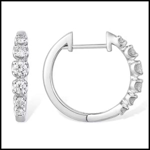 Diamond white gold hoop earrings with 12 natural diamonds totaling 0.36 carats, 14k solid gold, 3mm width, 15.5mm height, lightweight and elegant design