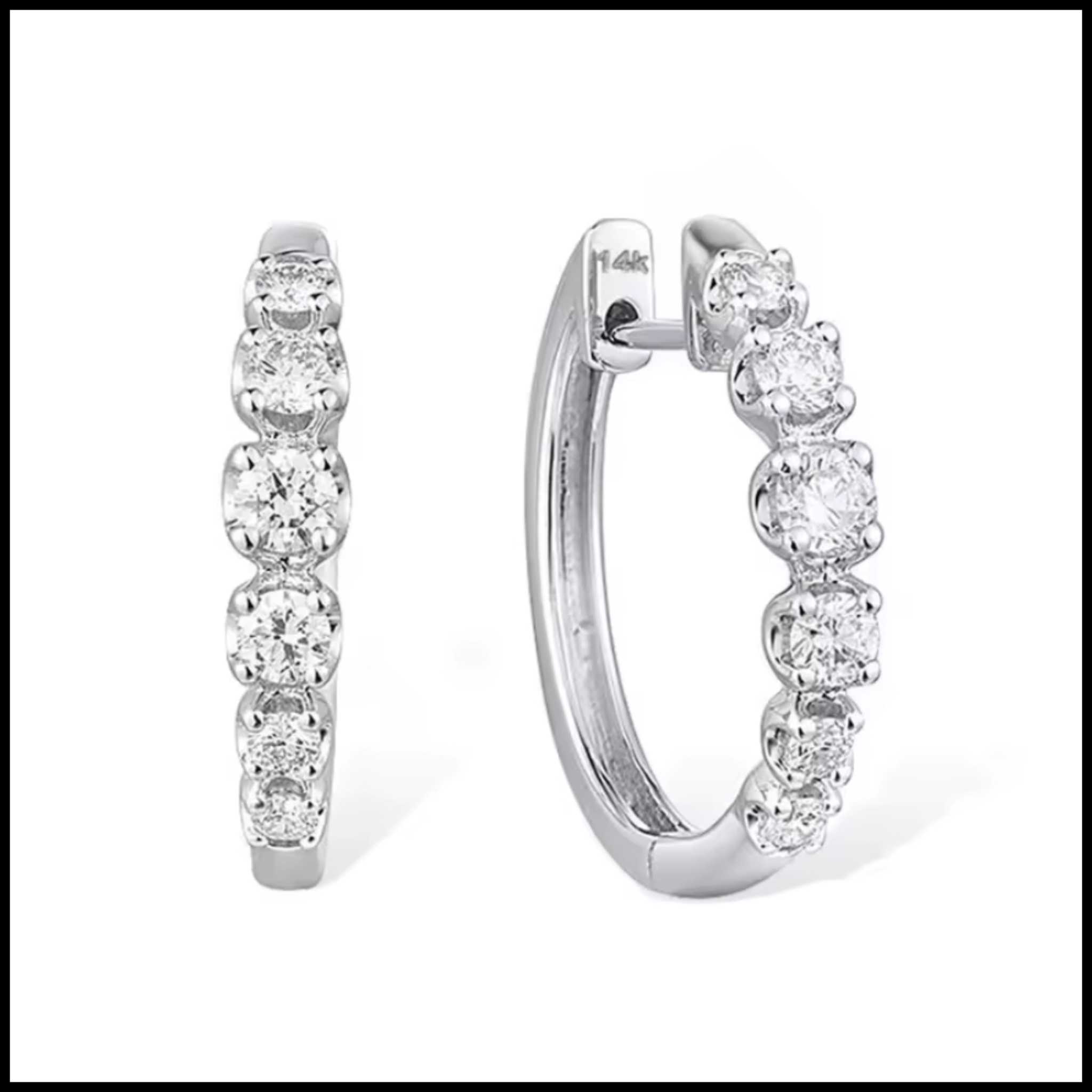 Diamond white gold hoop earrings with 12 natural diamonds totaling 0.36 carats, 14k white gold, 3mm width, 15.5mm height, elegant and lightweight design.