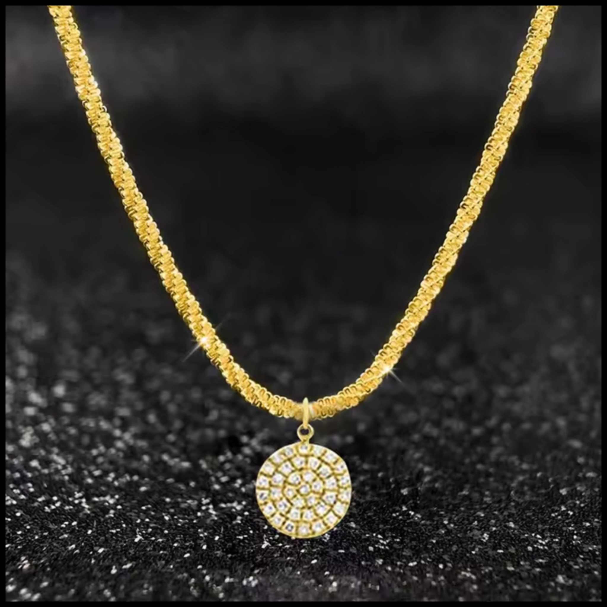 Gold-plated zircon round pendant necklace on delicate chain with sparkling stones
