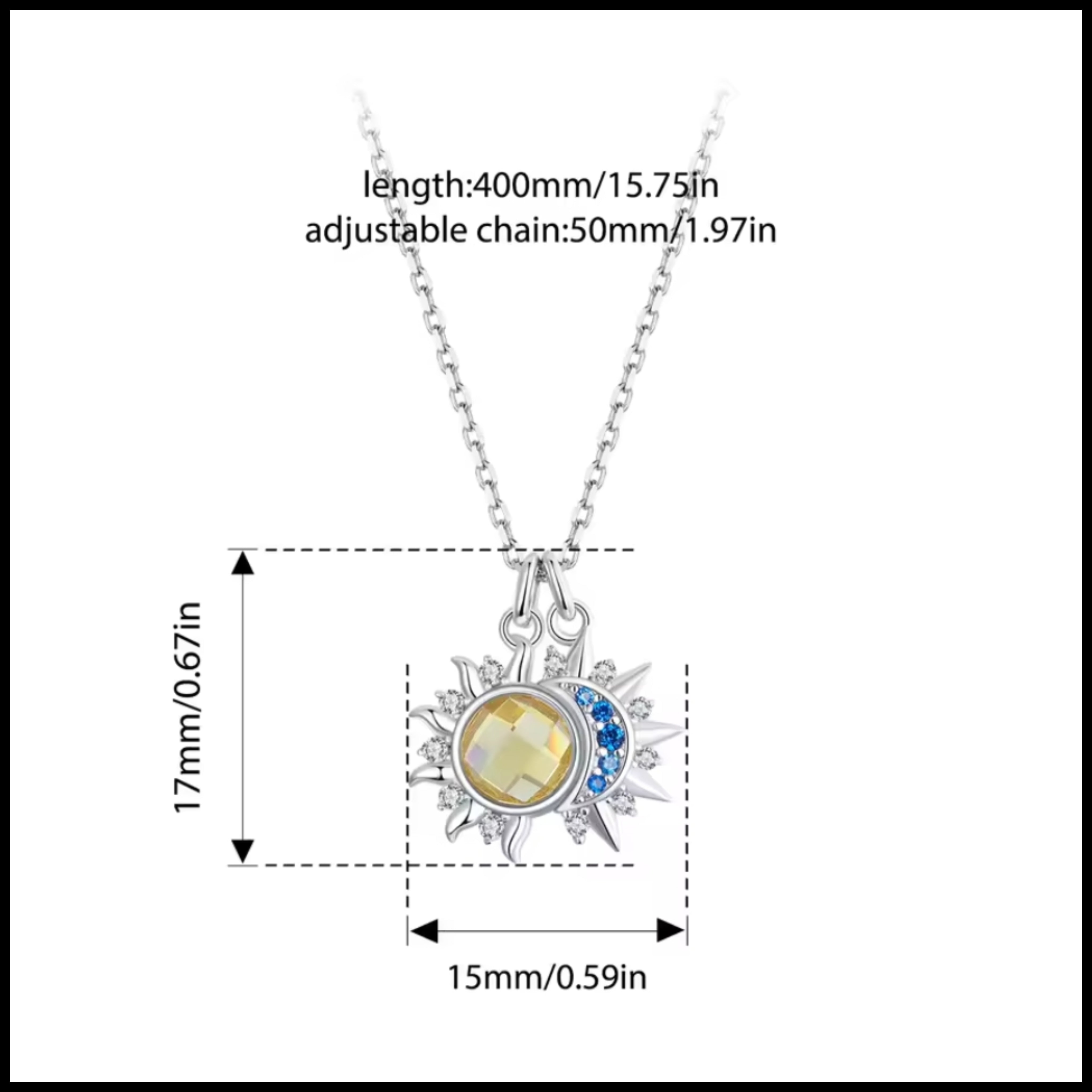 Moon and Star Silver Necklace with blue zirconia stones, adjustable chain, celestial pendant design, 15mm by 17mm charm size