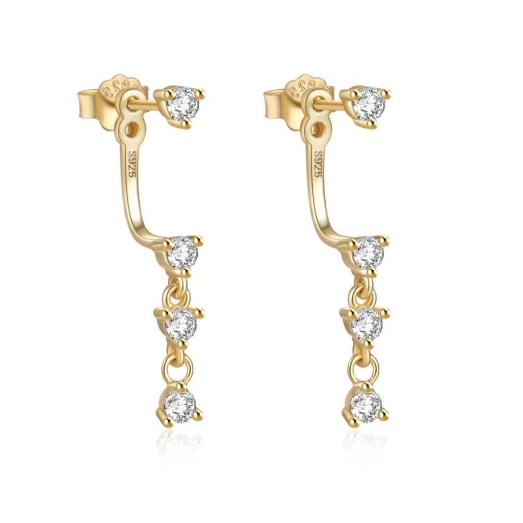 Gold stud drop earrings with three sparkling crystals, elegant and versatile jewelry accessory