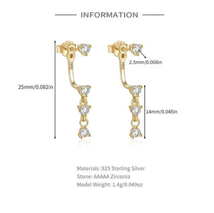 Gold stud drop earrings with AAAA zirconia, 925 sterling silver, 25mm length, elegant and durable design