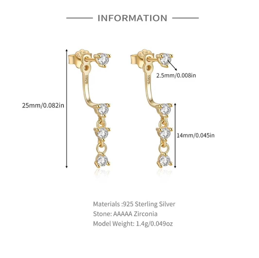 Gold stud drop earrings with AAAA zirconia, 925 sterling silver, 25mm length, elegant and durable design