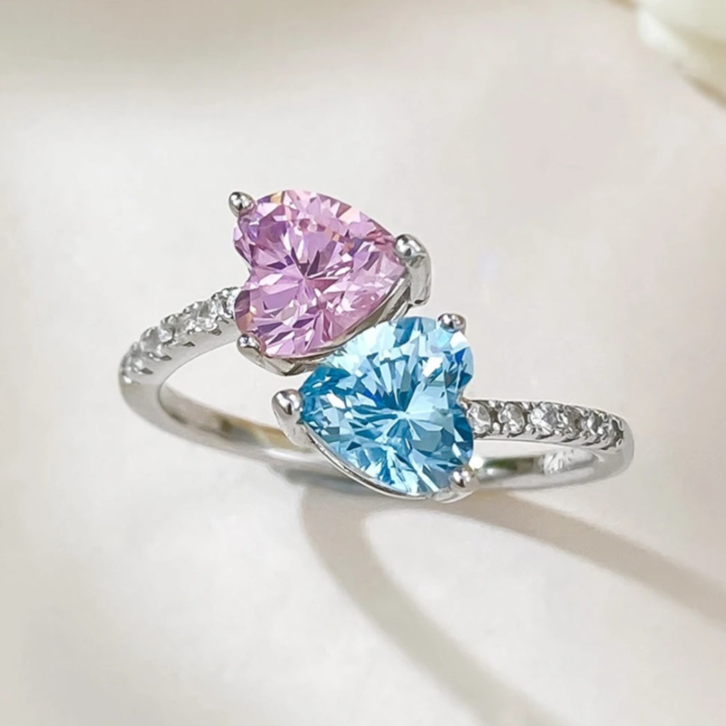Pink & Blue Heart Silver Ring