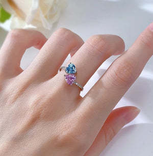 Pink & Blue Heart Silver Ring