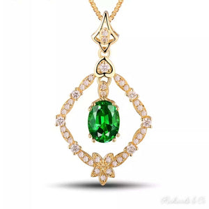 18K yellow gold Diamonds & Tsavorite pendant with oval tsavorite garnet and round natural diamonds