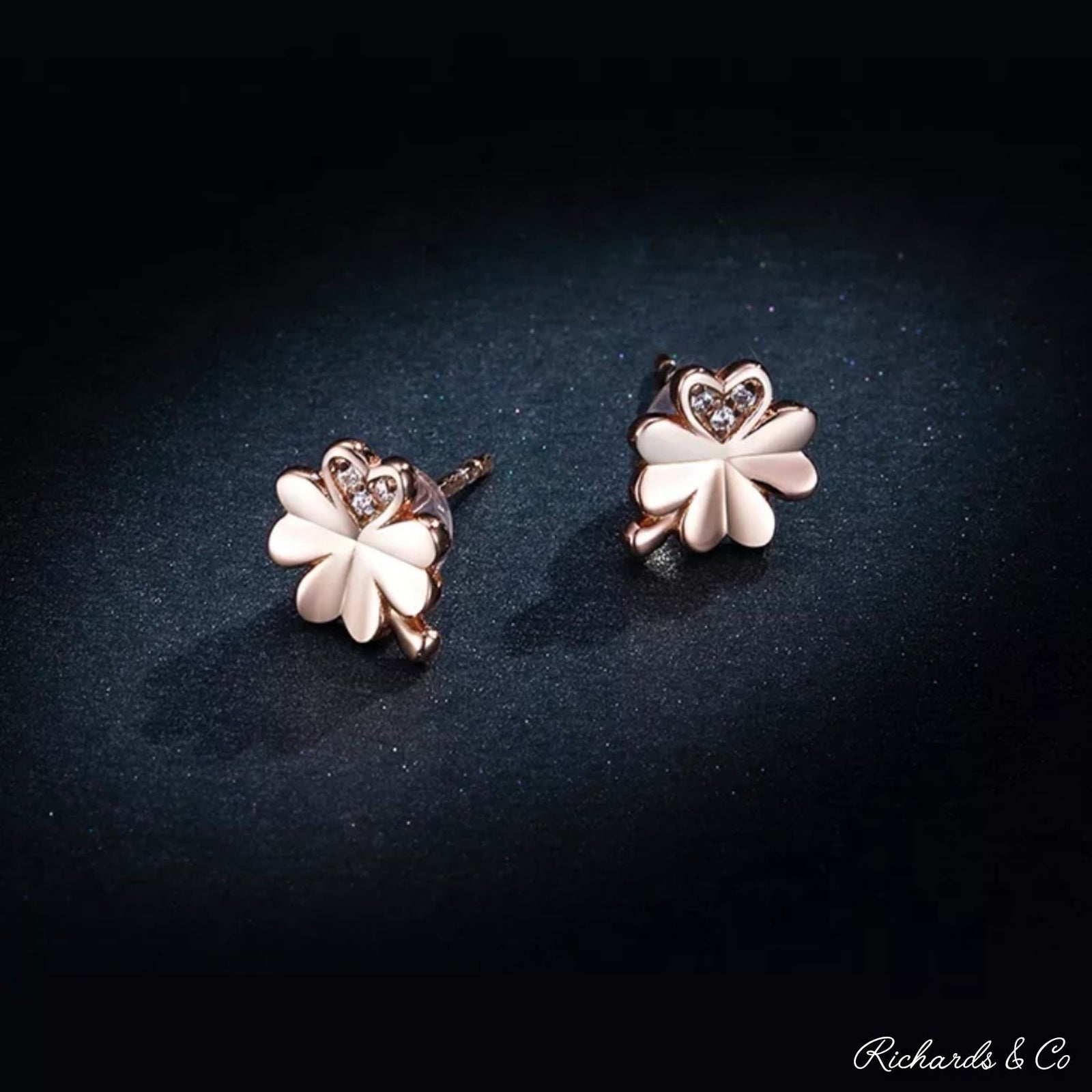 Rose Gold Lucky sterling silver rose gold plated four leaf clover stud earrings with heart-shaped zircon accents