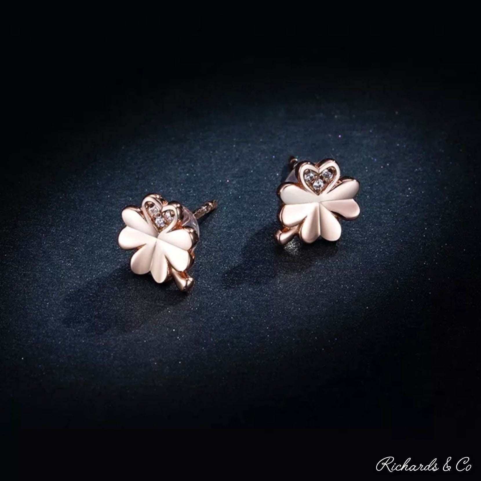 Rose Gold Lucky sterling silver rose gold plated four leaf clover stud earrings with heart-shaped zircon accents
