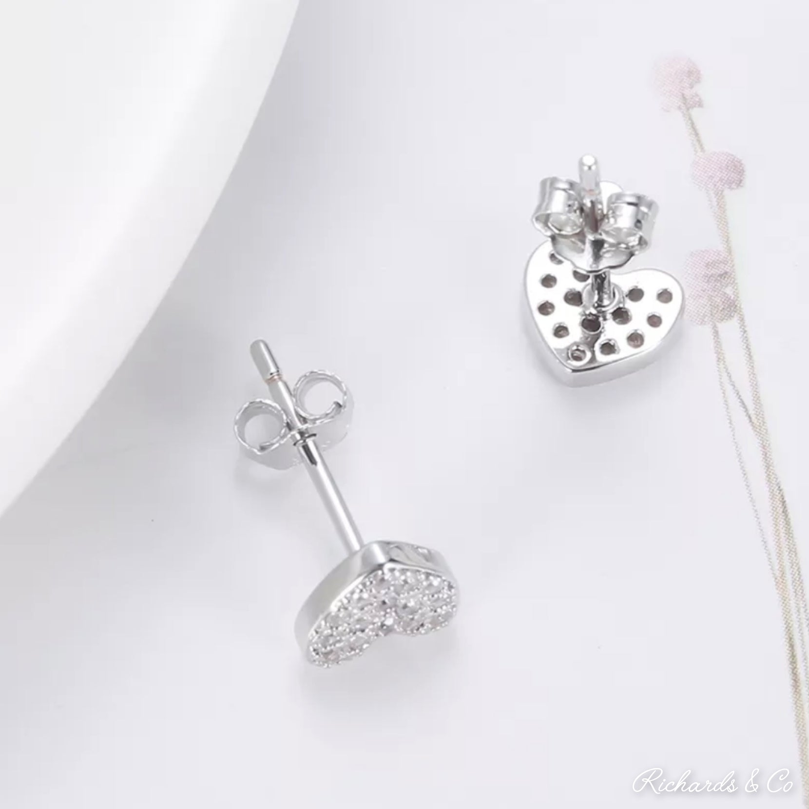 Heart Silver Earrings with delicate heart design and zirconia studs in solid silver