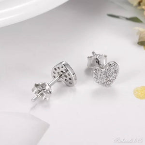 Heart Silver Earrings with zirconia studs, solid silver handcrafted heart-shaped design, 6.5mm x 5.7mm size, lightweight and delicate jewelry pair