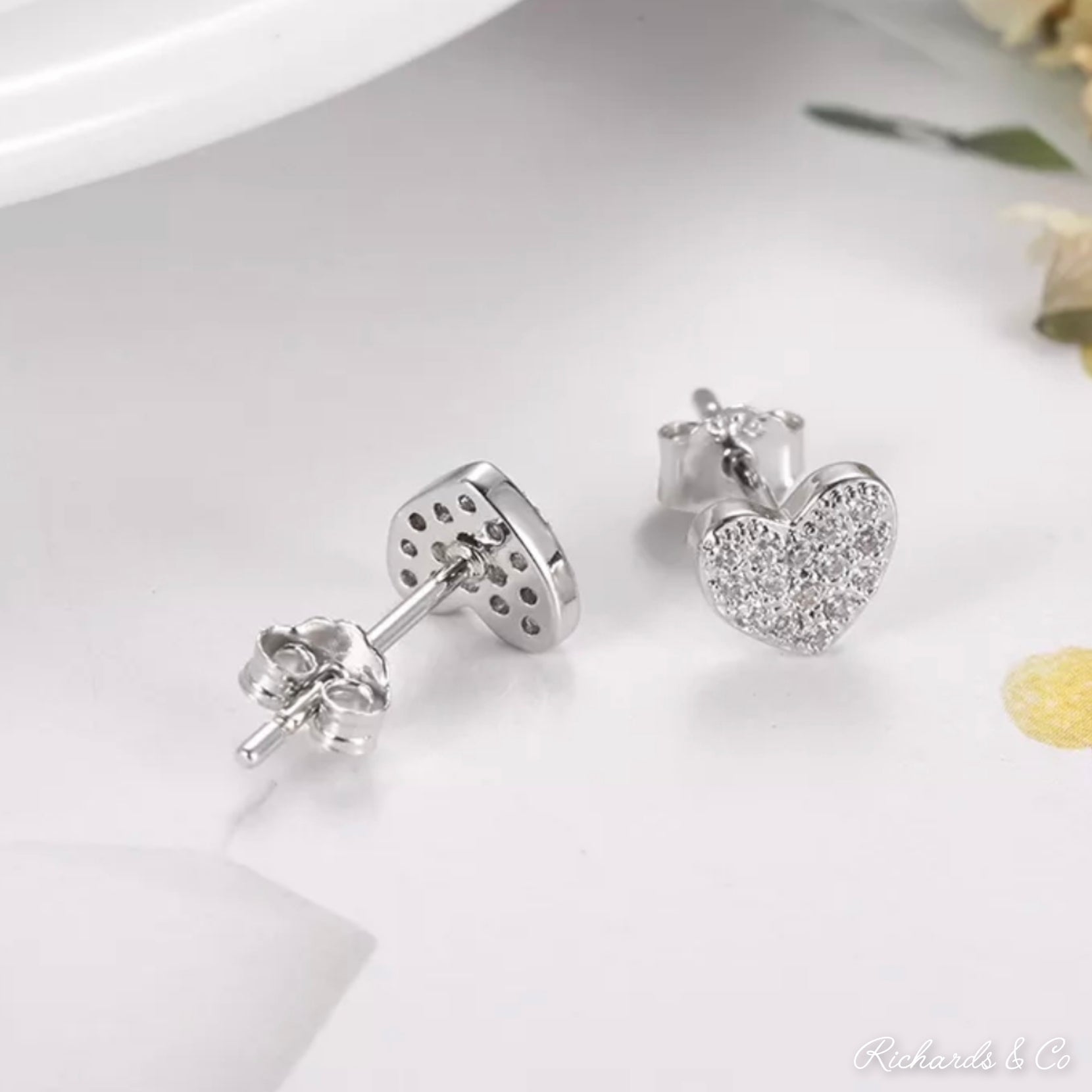 Heart Silver Earrings with zirconia studs, solid silver handcrafted heart-shaped design, 6.5mm x 5.7mm size, lightweight and delicate jewelry pair
