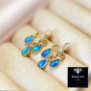 18K Yellow Gold, Blue Natural Opals & Diamond Earrings