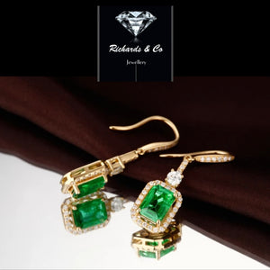 14K Yellow Gold, Emerald & Diamond Drop Earrings.