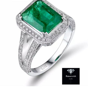 18K Solid White Gold, Emerald & Diamond Ring