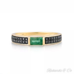 Black Diamonds & Emerald 14K Yellow Gold Band Ring