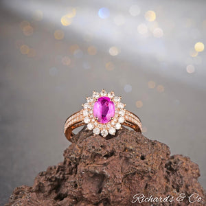 18K Solid Rose Gold, Pink Sapphire & Diamond Ring