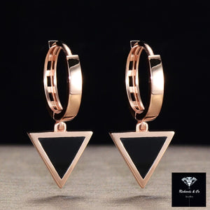 Black Agate- Triangle 18K Rose Gold Drop Earrings