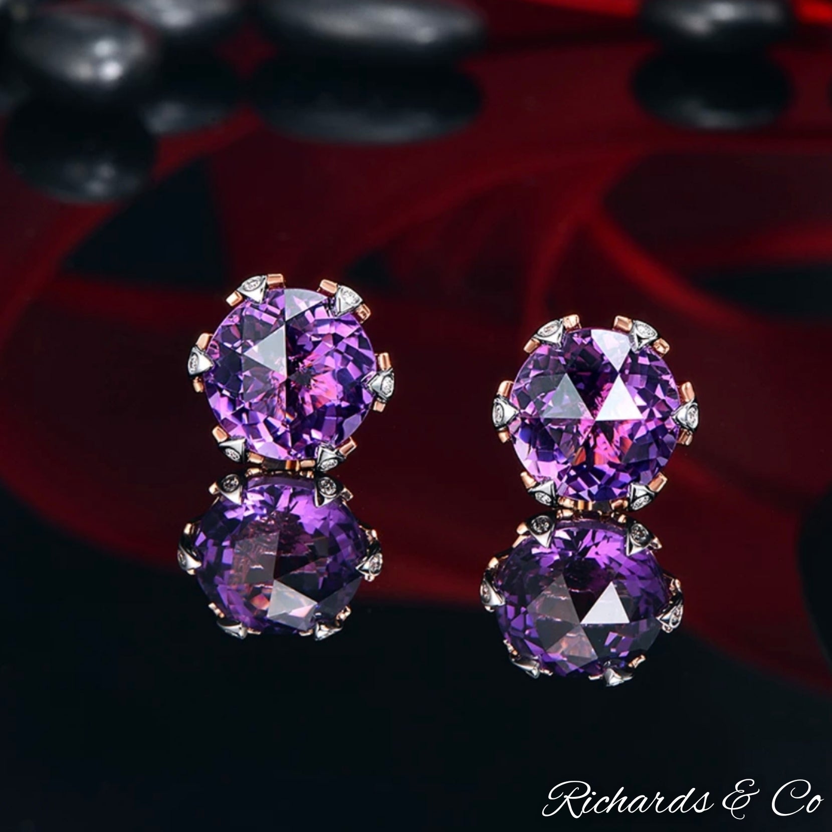 ZARA - Purple Amethyst & Diamond Rose Gold Studs