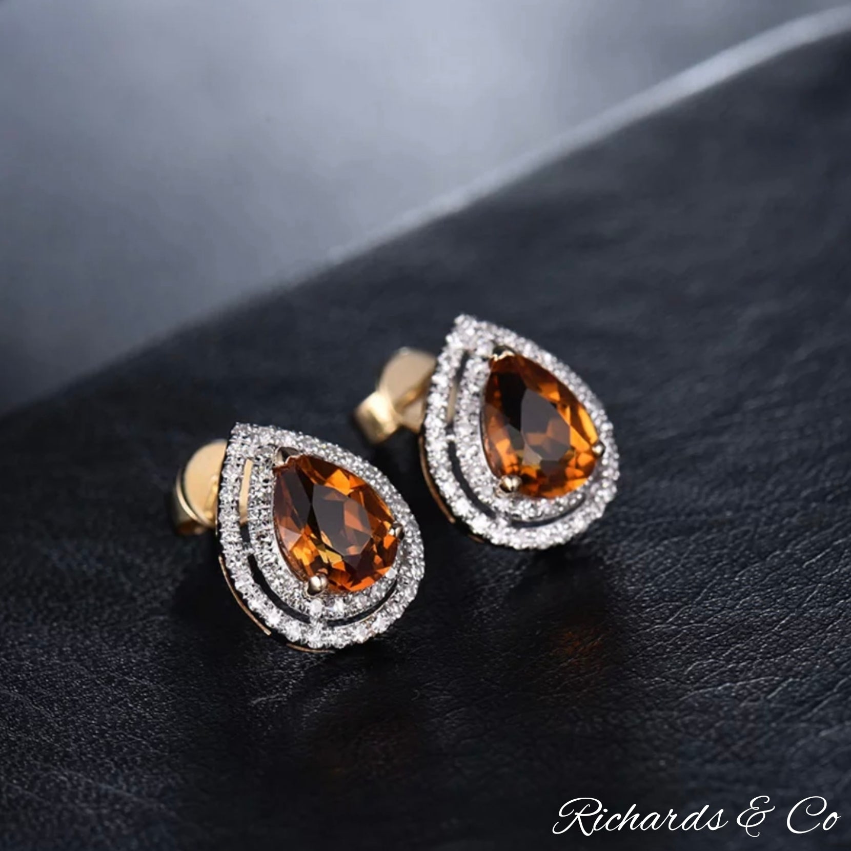 AUTUMN earrings pear cut citrine and diamond stud earrings in 14K yellow gold with warm autumn tones