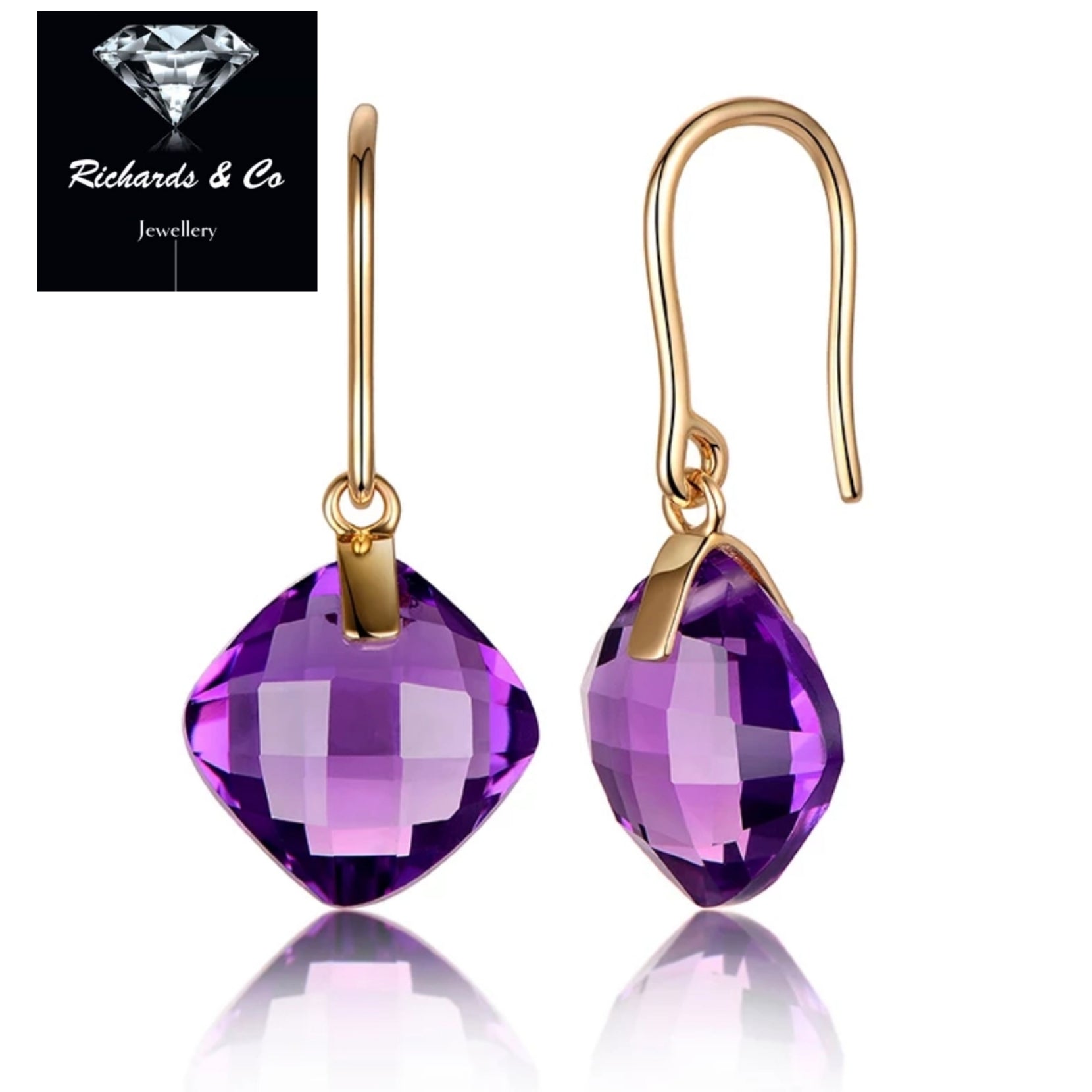 ELIZA earrings purple amethyst cushion cut drop earrings in 14K yellow gold