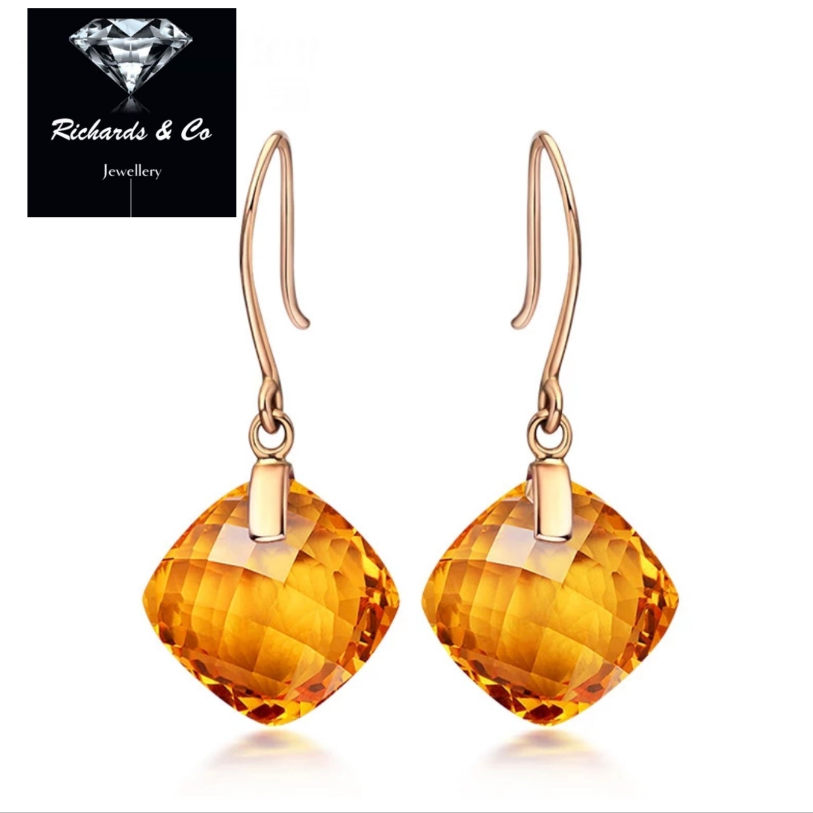 ELIZA earrings 14K gold drop style with cushion cut citrine or amethyst gemstones