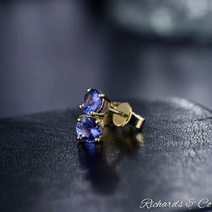 Natural Tanzanite stud earrings with 14K yellow gold and round 5mm violet-blue gemstones