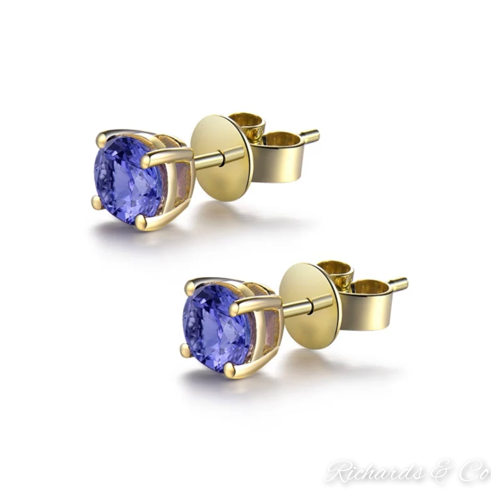 Natural Tanzanite stud earrings with round 5mm violet-blue gemstones set in 14K yellow gold