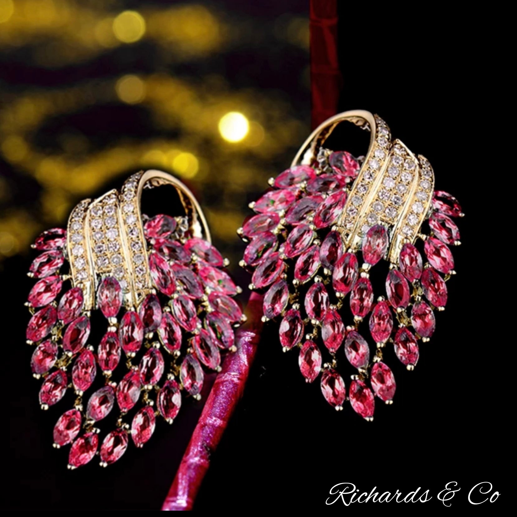 SAINTLY Pink Ruby & Diamond Earrings with marquise pink rubies and round diamonds set in 14K yellow gold