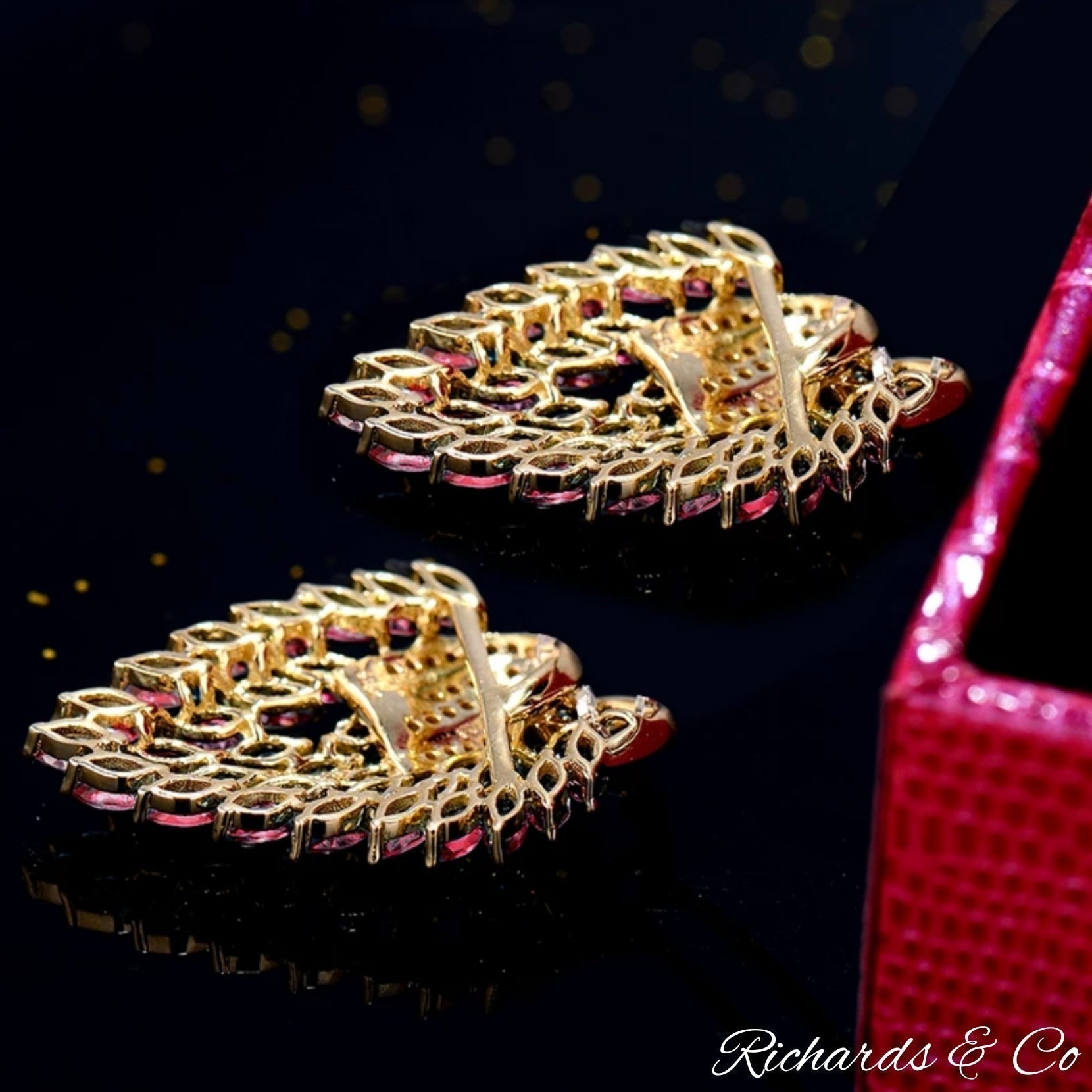 SAINTLY Pink Ruby & Diamond Earrings solid 14K gold marquise cut rubies with diamond halo stud earrings luxury jewelry
