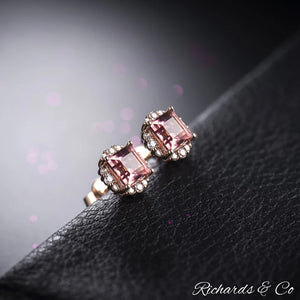 Natural pink tourmaline princess cut stud earrings in 18K rose gold with diamond accents