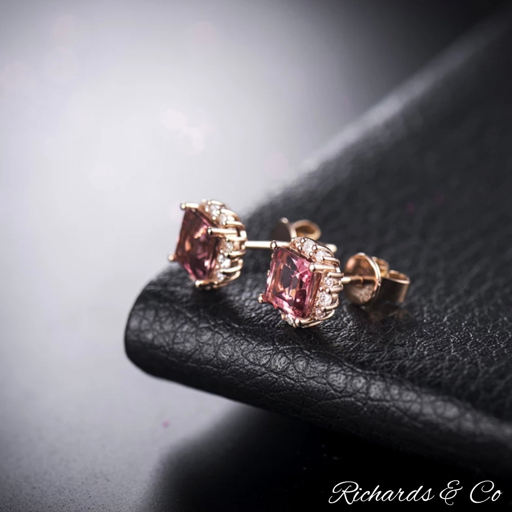 Natural Pink Tourmaline princess cut stud earrings in 18K rose gold with diamond accents