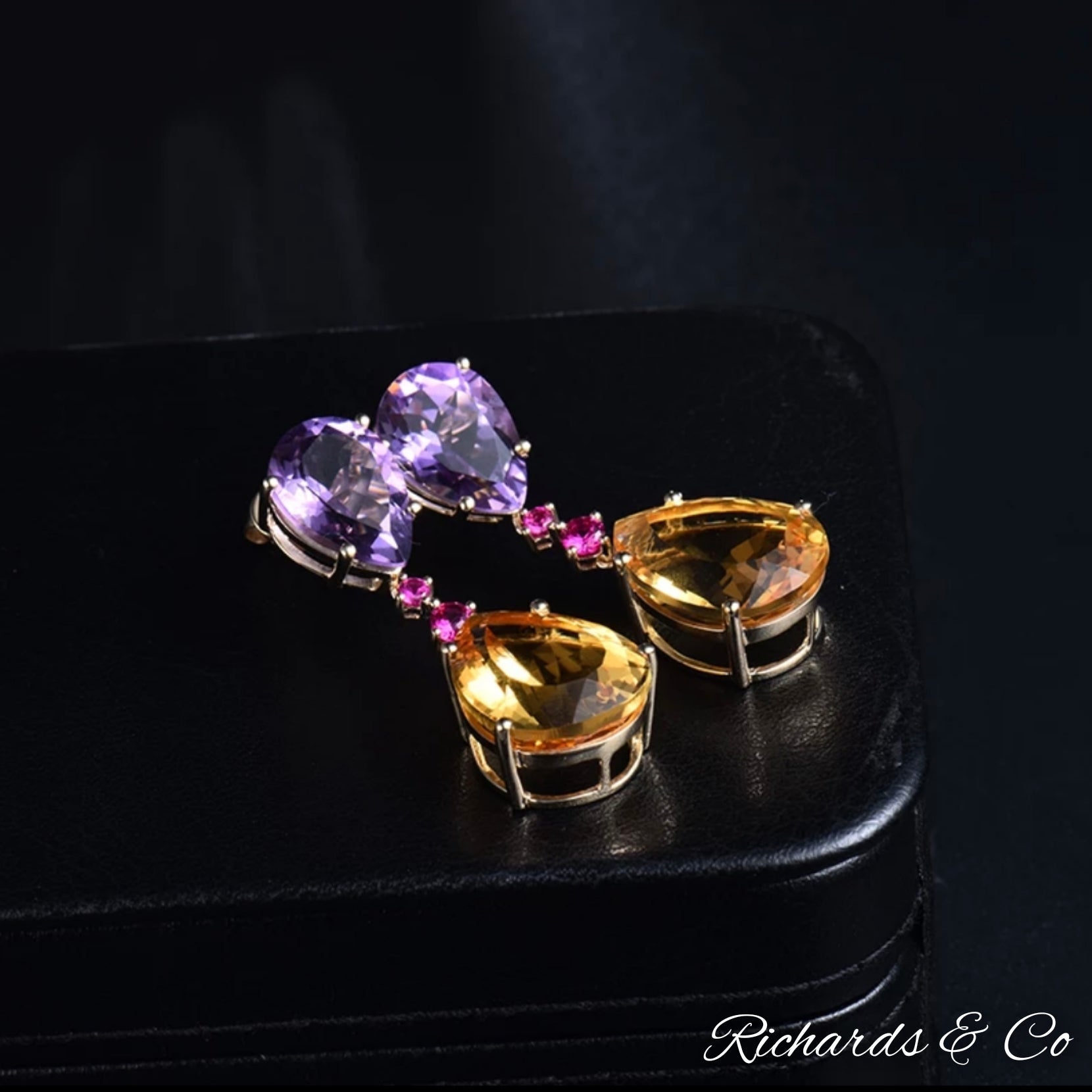- SASHA - Earrings / Amethyst Citrine & Ruby Yellow Gold Drop Earrings