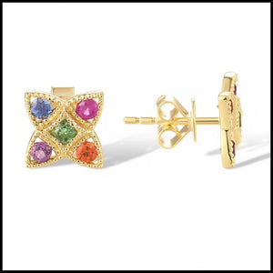 14k yellow gold multi gem earrings with ruby, amethyst, green garnet, blue sapphire, and orange sapphire studs.