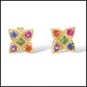 14k yellow gold multi gem earrings with ruby, amethyst, green garnet, blue and orange sapphire studs