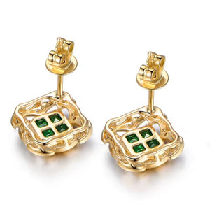 Emerald Diamond 18k Yellow Gold Earrings with openwork square gold settings, green emerald accents and diamond details.