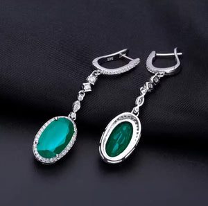 Green Agate Silver Long Drop Earrings