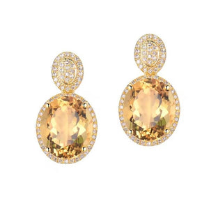 Bailey - Citrine Diamond Drop Earrings in yellow gold, with oval golden citrines and diamond-studded oval halos.