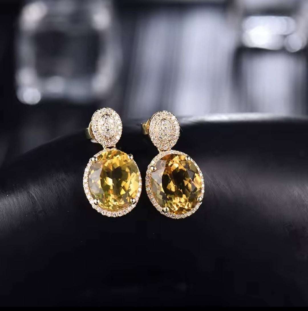 Bailey - Citrine Diamond Drop Earrings in yellow gold, with oval golden citrines and pavé diamond halos and studs.