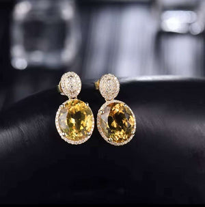 Bailey - Citrine Diamond Drop Earrings in yellow gold, with oval golden citrines and pavé diamond halos and studs.
