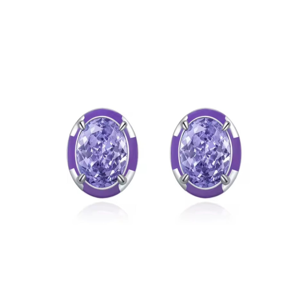 Purple Oval Enamel Crushed CZ Earrings