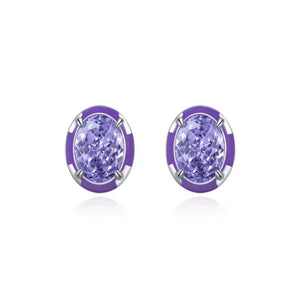 Purple Oval Enamel Crushed CZ Earrings