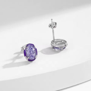 Purple Oval Enamel Crushed CZ Earrings