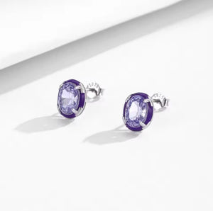 Purple Oval Enamel Crushed CZ Earrings