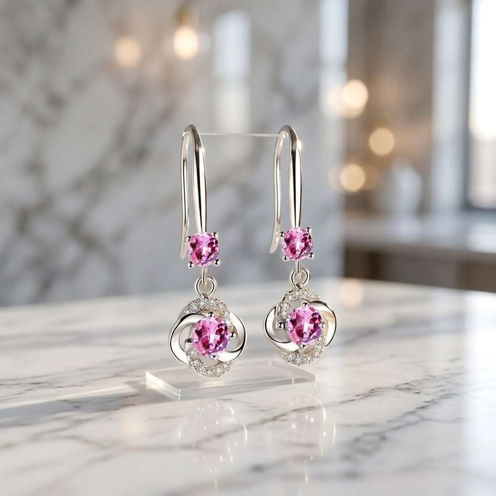 A pair of silver drop earrings with pink gemstones, displayed on a clear stand over a polished marble surface with a softly blurred interior background.