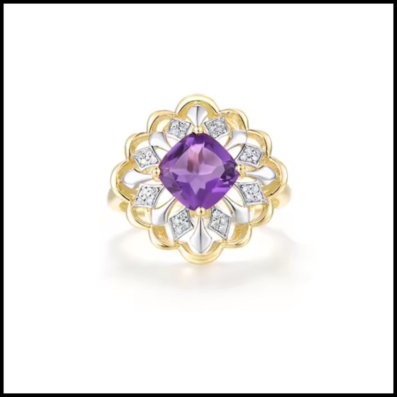 14k yellow gold flower ring with purple amethyst center and surrounding diamonds