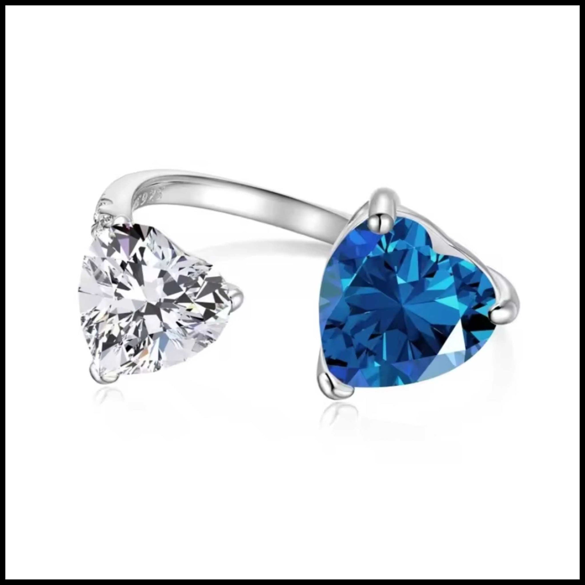 Double Heart Adjustable Silver Ring with blue and clear heart-shaped stones on open band