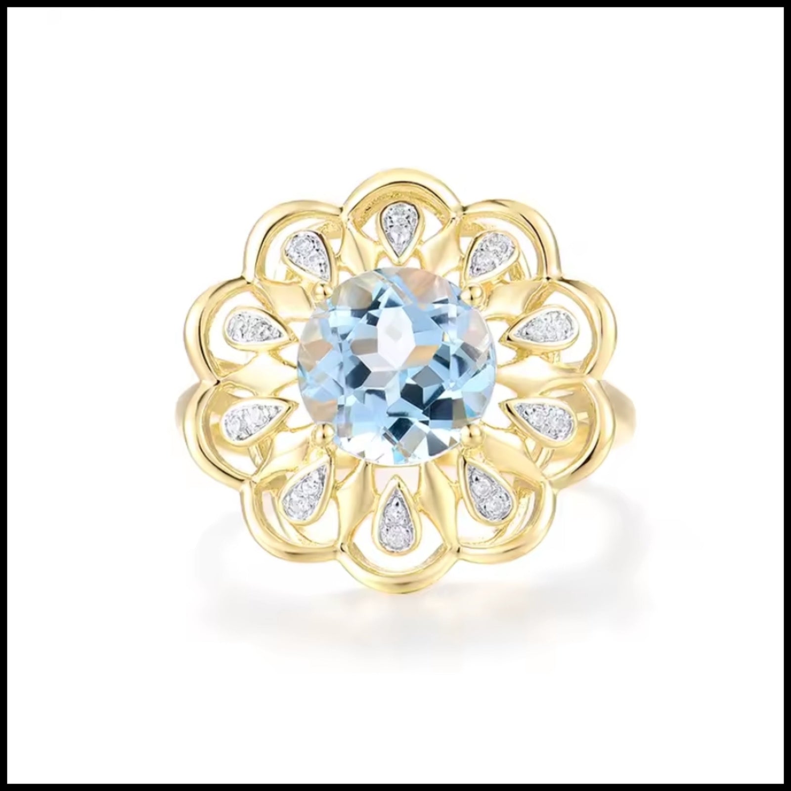 Flower Blue Topaz & Diamond Ring in 14k yellow gold with 2.61ct sky blue topaz and 20 small diamonds