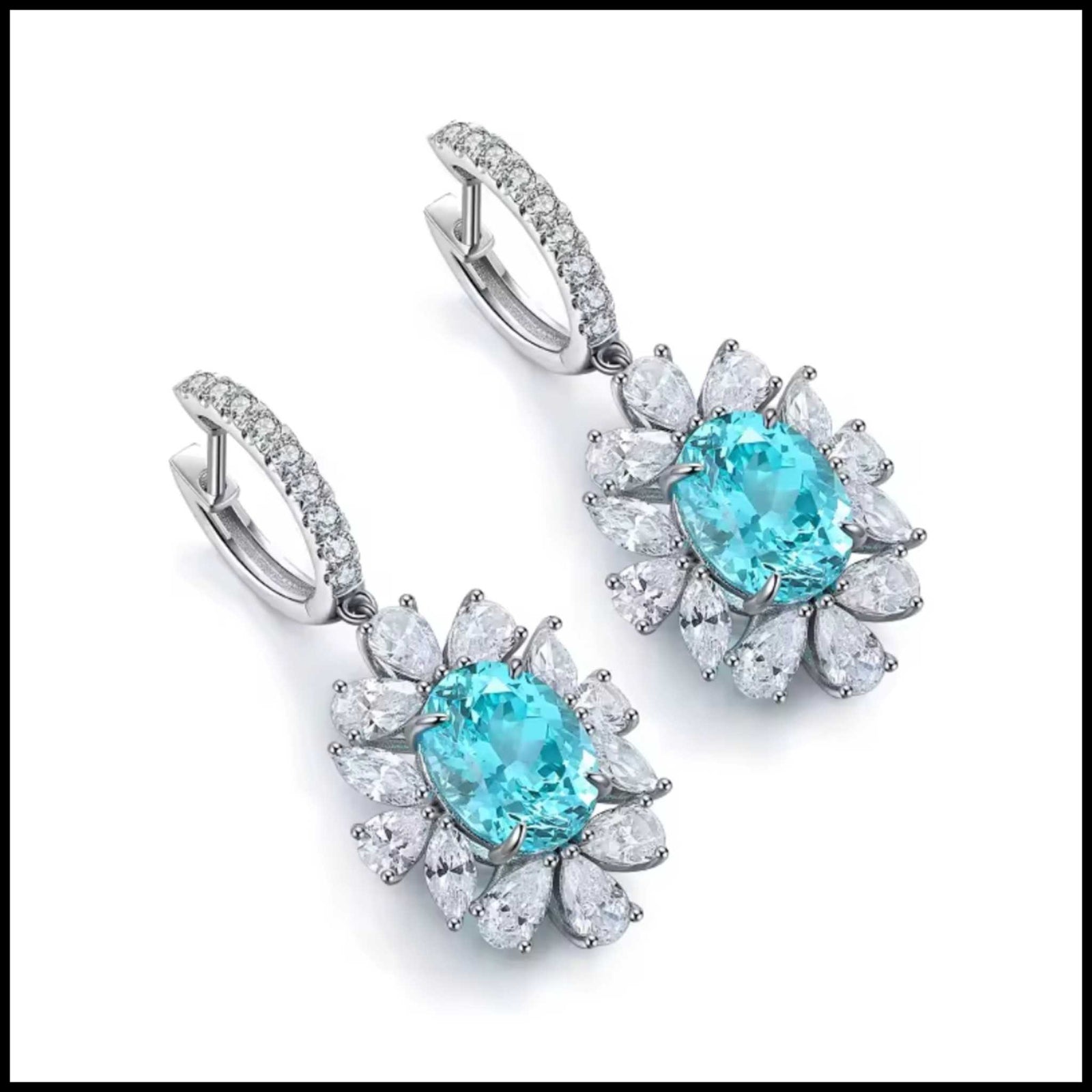 Pair of earrings with turquoise stones and diamond-like accents on a white background