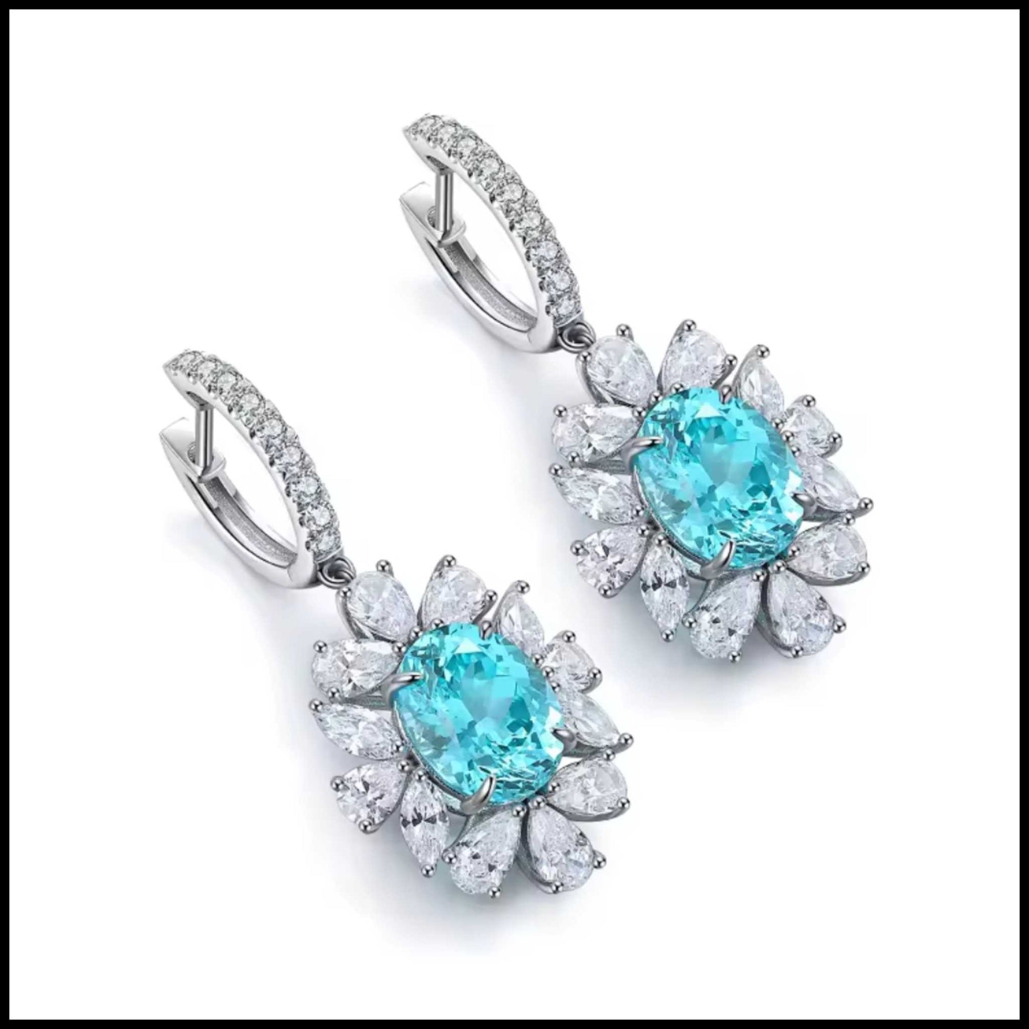 Pair of earrings with turquoise stones and diamond-like accents on a white background