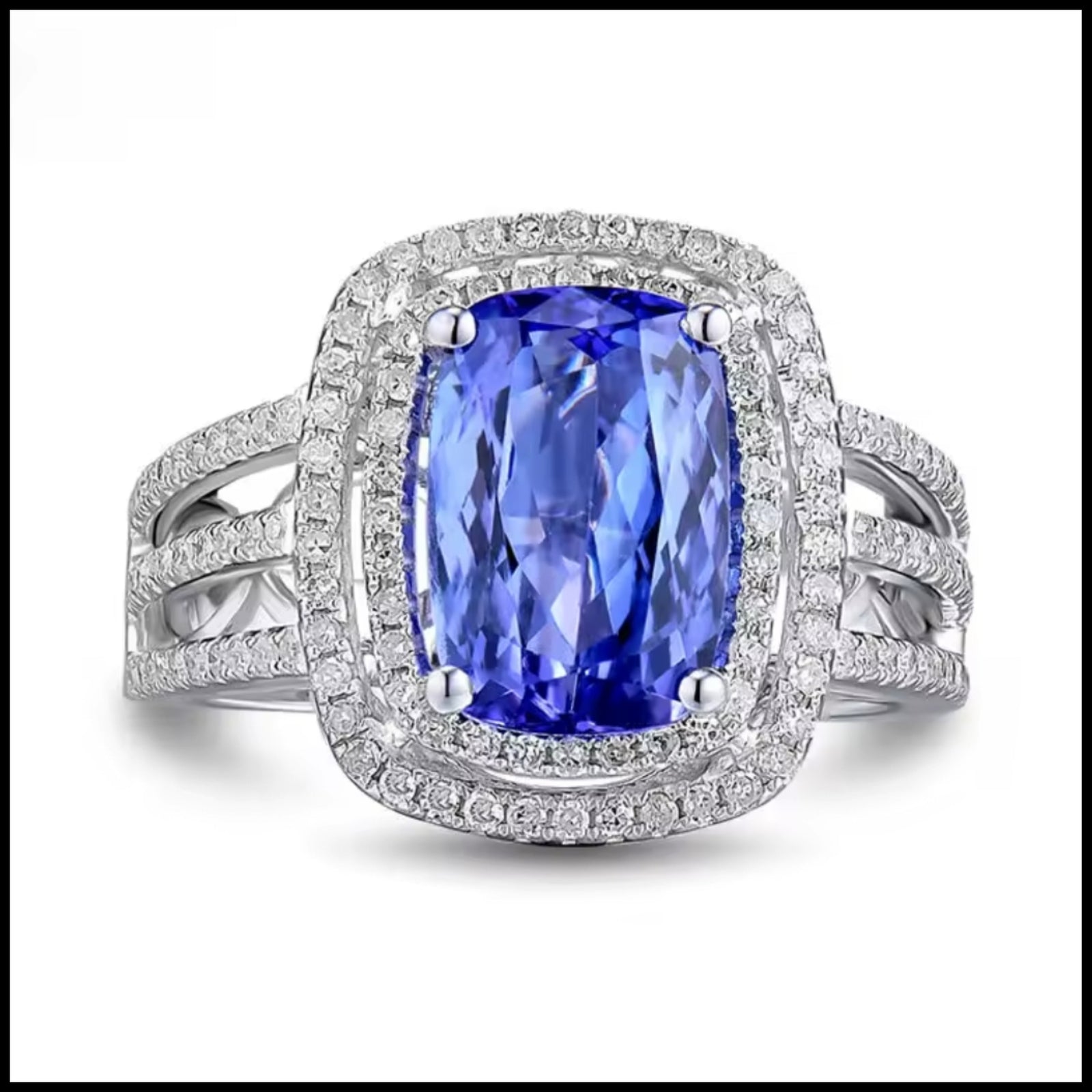 18k white gold ring with cushion-cut blue tanzanite and diamond halo